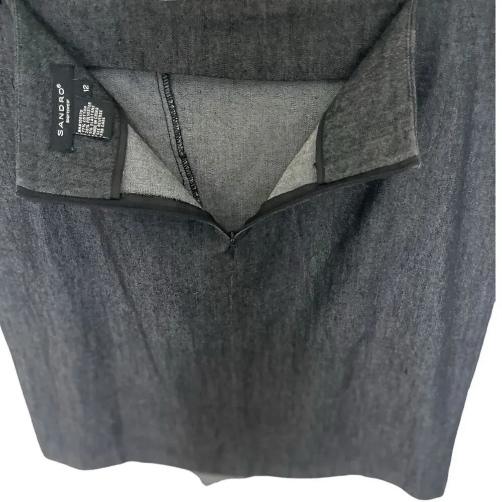 Sandro Sportswear Black Chambray Ruffle Straight Skirt Size 12 Zipper Back
